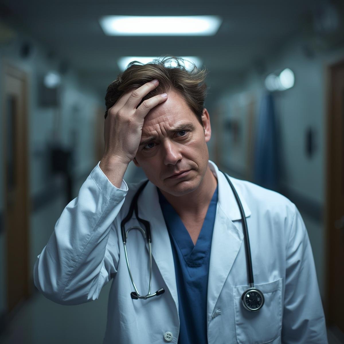 doctor looking stressed in clinical setting, exhausted expression, wearing white coat, hospital environment, tired and overwhelmed appearance