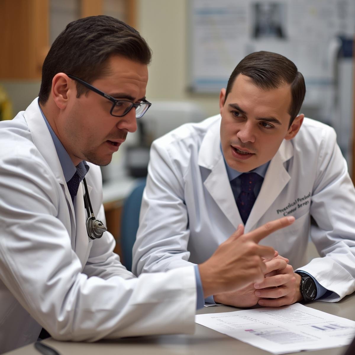 mentor student interaction, experienced medical professional teaching younger colleague, one on one guidance, supportive learning environment, mentor explaining concepts, student listening attentivel