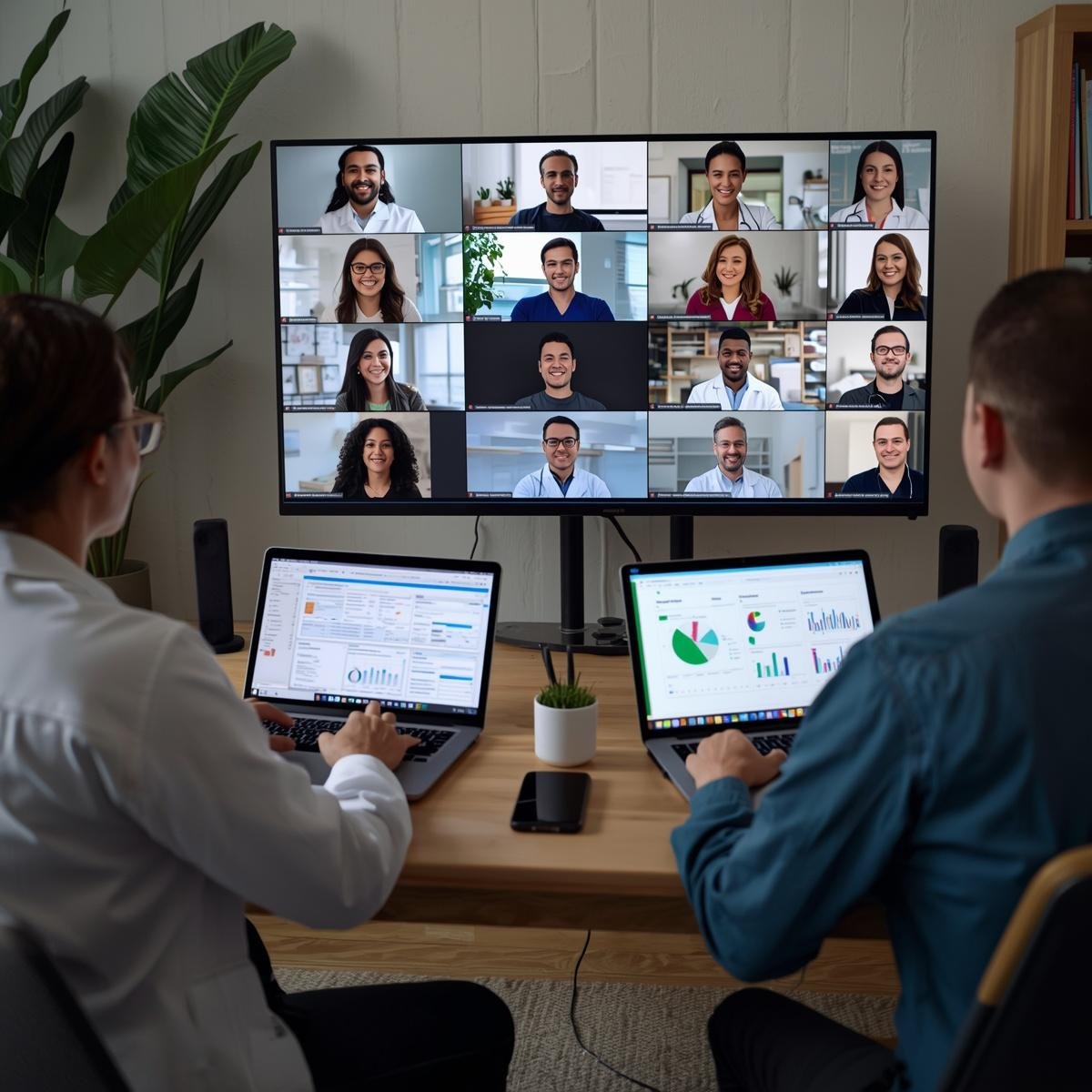 people working remotely in clinical research roles, home office setup, multiple professionals on video call screens, laptops with research data, comfortable home workspace, professional yet relax (2)