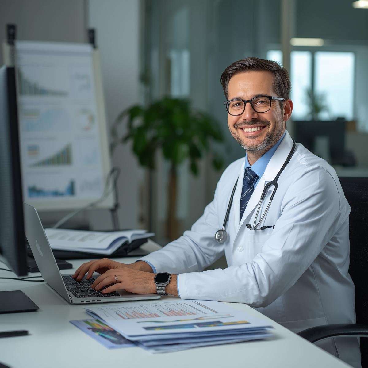 same doctor now confident and professional in research setting, working at laptop with data dashboards visible on screen, clinical reports on desk, modern office environment, relaxed and focused expr